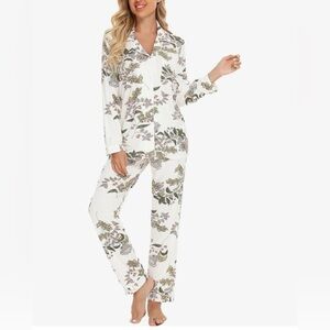 Women’s Soft Button Up Notch Collar Long Sleeve Pants Pajama Set Floral Viscose